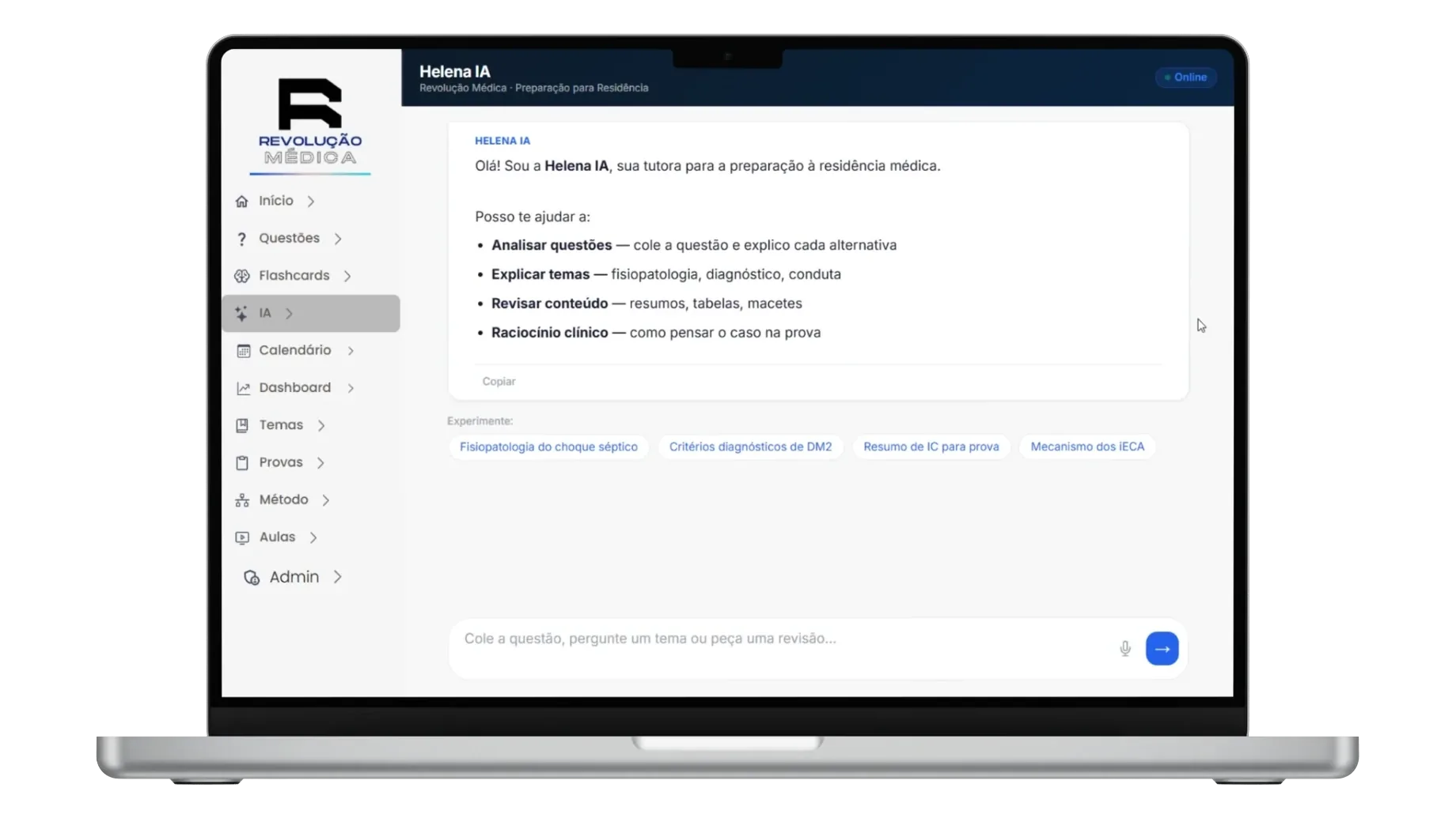 Helena IA, a tutora de inteligência artificial da plataforma, em conversa de estudo
